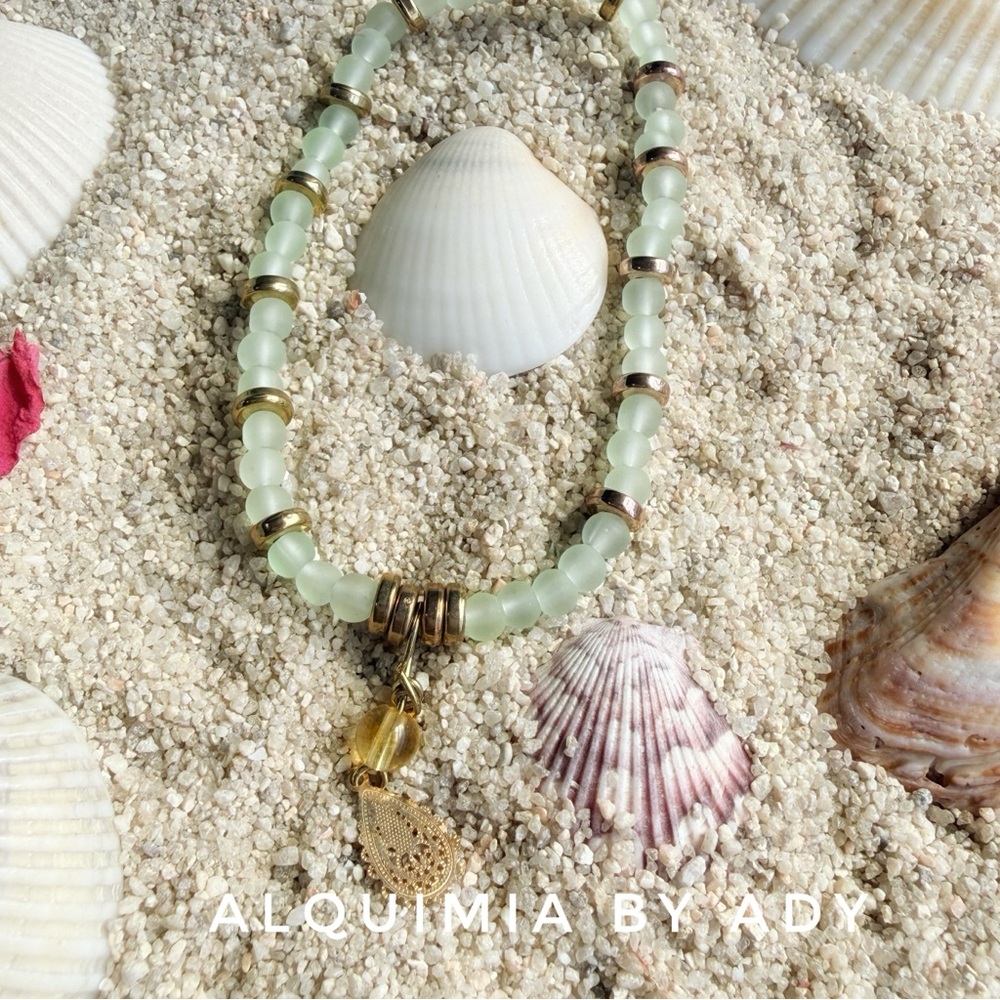 GEMSTONE Beaded Bracelet with light green aventurine and charms